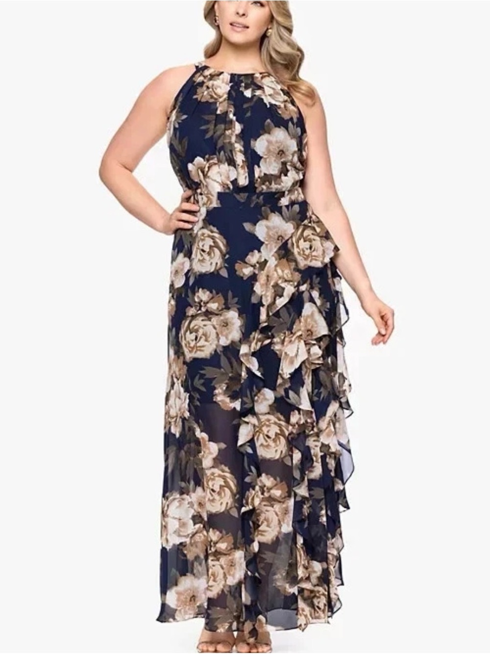 Betsy & Adam Navy Blue Multi Floral Print Ruffled Sleeveless Fairycore Dress